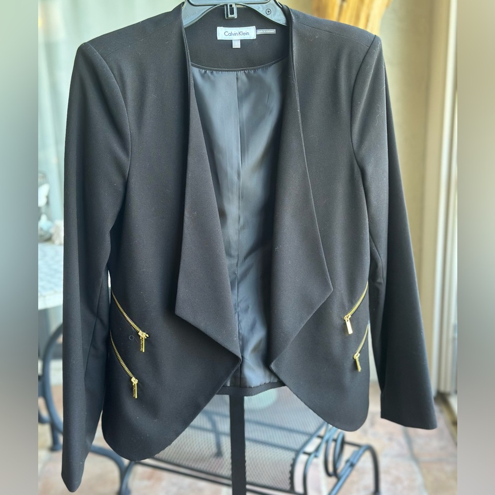 Calvin Klein Women's Black Blazer Jacket Gold Zippers VINTAGE CALVIN